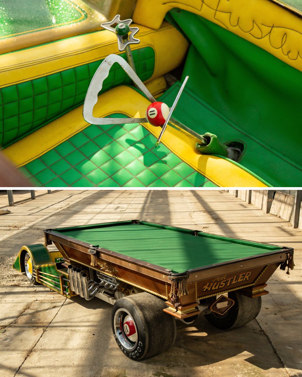 themanualguide's tweet image. Steve Tansy’s wild “Pool Hustler” hot rod is heading to auction. The wedge-shaped build features a fully functional pool table believed to be over 100 years old.

#stevetansy #hotrod #pooltable