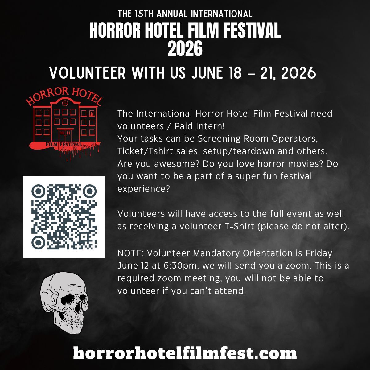 The International Horror Hotel Film Festival need volunteers / Paid Intern!

Are you awesome? Do you love horror movies? Do you want to be a part of a super fun festival experience? 

docs.google.com/forms/d/e/1FAI…