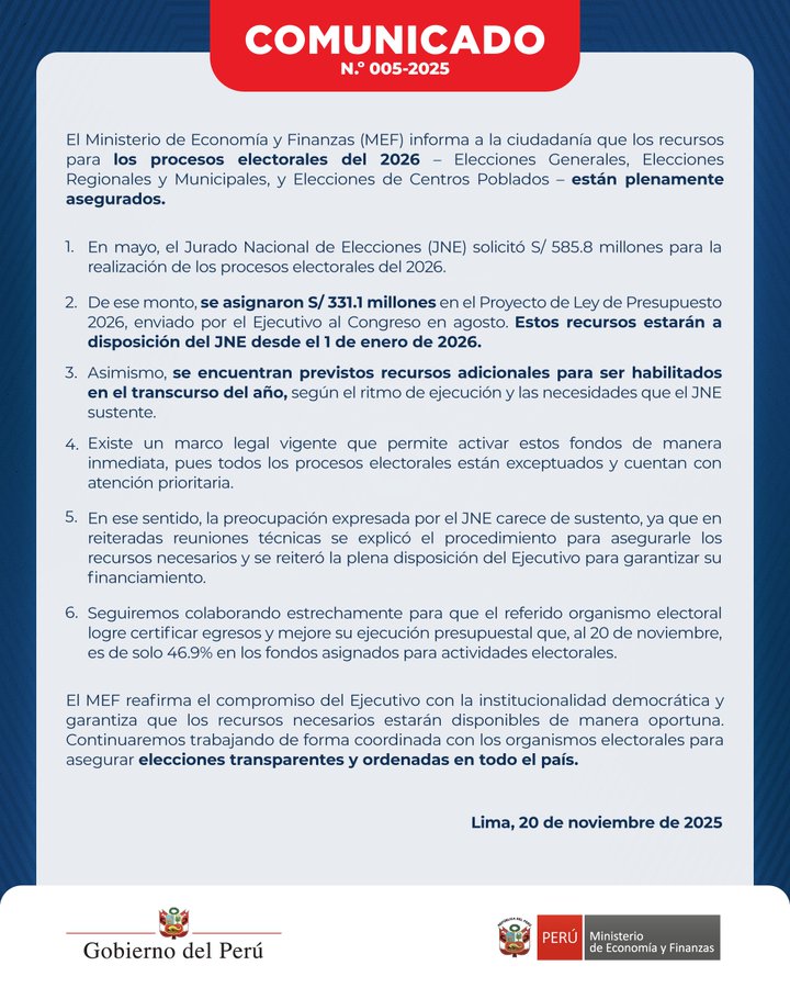Ministerio de Economía publicó un comunicado en X respondiendo al JNE. Foto: MEF en X