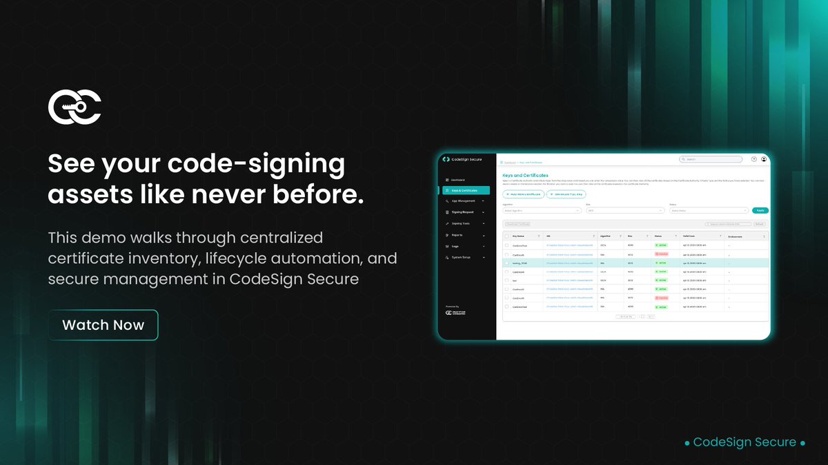 encryptioncons's tweet image. Managing code signing certificates can often feel complex, but it doesn’t have to be. In this video, we walk you through the Keys and Certificates tab of CodeSign Secure, showcasing how to effortlessly create, import, and organize certificates. You’ll learn how to configure…