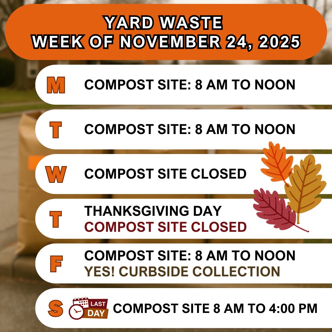 FDCITY's tweet image. 🚮 Fort Dodge Residents: Thanksgiving week garbage schedule update! Thursday's pickup moves to Friday, Nov 28. Ensure all carts are out by 5 AM. Reminder: Final yard waste collection also on Friday. Mark your calendars!