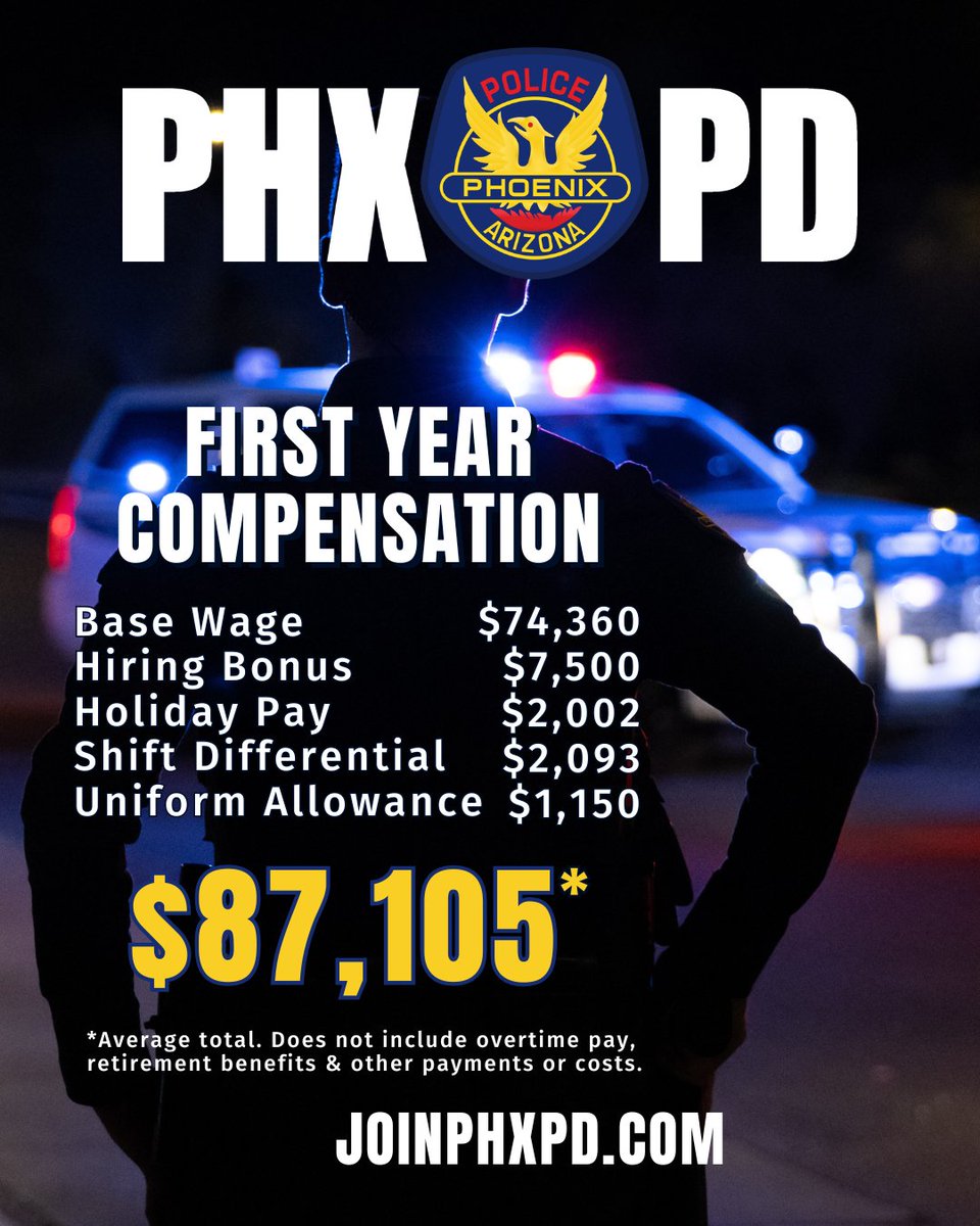 🚨 FIRST YEAR PAY OF MORE THAN $87,105🚨 

Phoenix Police officers can start their careers with an impressive salary of $87,105 in their first year, not including overtime and other benefits! Tag a friend or share!

Apply today at JOINPHXPD.com.
