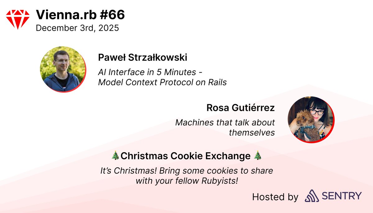 Two more weeks to Vienna.rb!

Hear <a href="/realPawelS/">Paweł Strzałkowski</a> talk about MCP in Rails. If you haven't caught up with him in San Francisco at <a href="/sfrubyconf/">San Francisco Ruby Conference, Nov 19-21, 2025</a>, why not take a trip to Vienna to remedy that? 😉