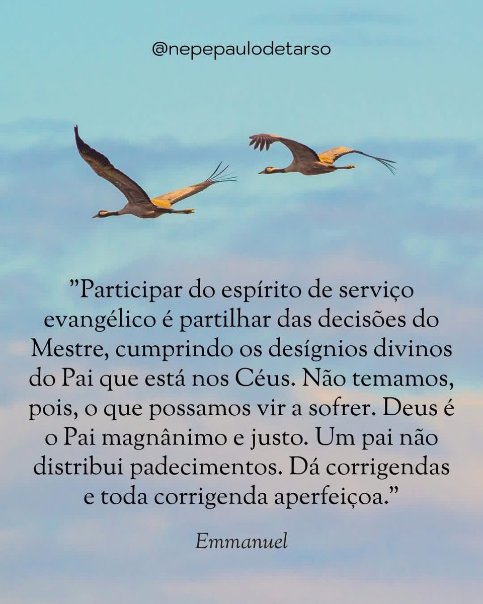 nepepaulo_tarso's tweet image. (Emmanuel/Chico Xavier - Caminho, Verdade e Vida - cap. 26)
&quot;Participar do espírito de serviço evangélico é partilhar das decisões do Mestre, cumprindo os desígnios divinos do Pai que está nos Céus. Não temamos, pois, o que possamos vir a sofrer. Deus é o Pai magnânimo ...&quot;