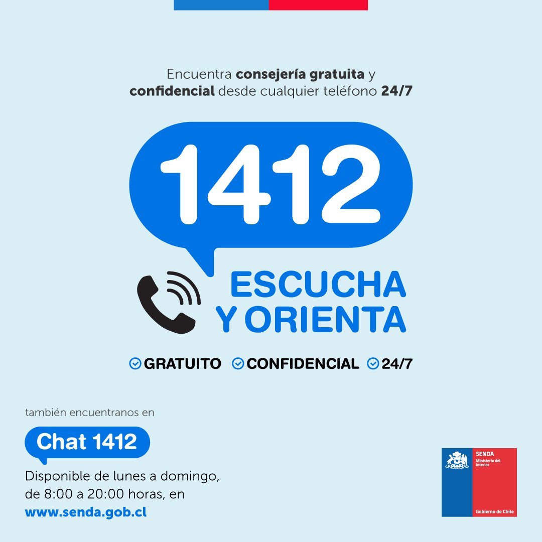 No olvides 🧠 que estamos disponibles para orientarte a través del Fono Drogas 1412, número gratuito, confidencial y que funciona 24/7. También puedes encontrar el chat 💬 1412 en nuestra página web senda.gob.cl
