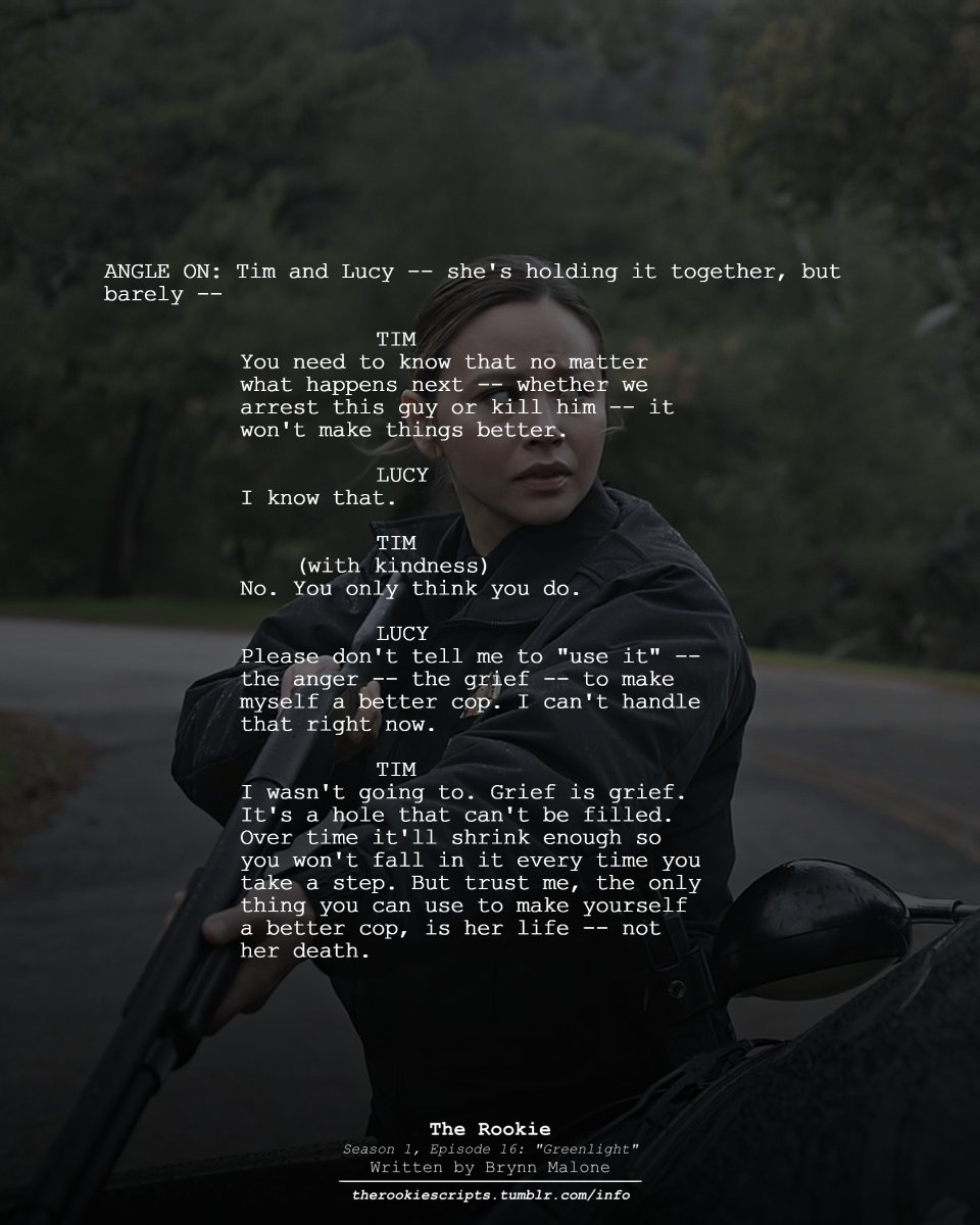 rookie_scripts's tweet image. Talia talks to Nolan. Tim reassures Lucy. (As Seen)

— THE ROOKIE
Season 1, Episode 16: “Greenlight”
Written by Brynn Malone

#TheRookie #TheRookieScripts