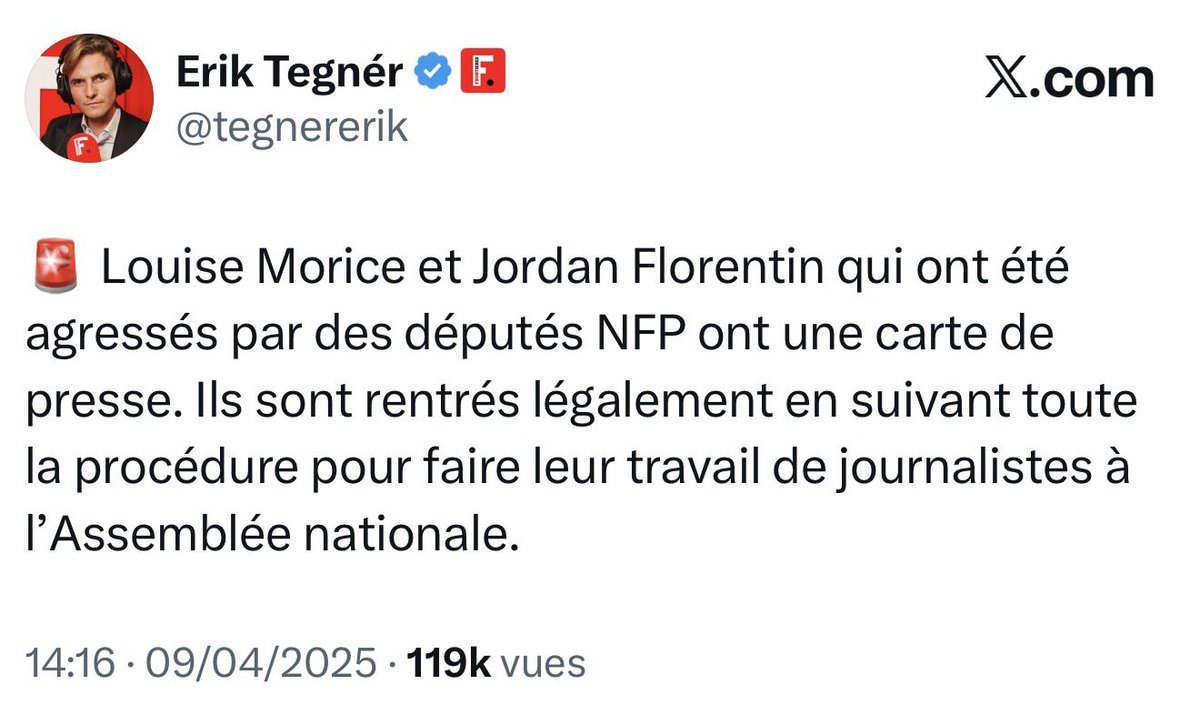 ImpactMediaFR's tweet image. 🇫🇷📰 FLASH

Alors qu’il avait affirmé auprès d’Impact détenir la carte de presse, Jordan Florentin, du &quot;média&quot; d’extrême droite Frontières, ne l’a plus depuis mars dernier… 

La CCIJP a refusé de la lui renouveler pour la période 2025-2026. 🫵

Son patron, Erik Tegnér, qui…