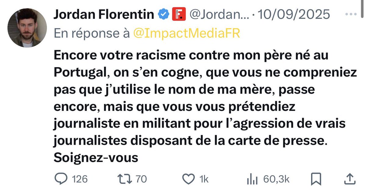 ImpactMediaFR's tweet image. 🇫🇷📰 FLASH

Alors qu’il avait affirmé auprès d’Impact détenir la carte de presse, Jordan Florentin, du &quot;média&quot; d’extrême droite Frontières, ne l’a plus depuis mars dernier… 

La CCIJP a refusé de la lui renouveler pour la période 2025-2026. 🫵

Son patron, Erik Tegnér, qui…