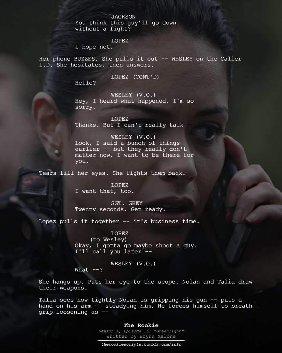 rookie_scripts's tweet image. Wesley calls Angela. Talia steadies Nolan. (As Seen)

— THE ROOKIE
Season 1, Episode 16: “Greenlight”
Written by Brynn Malone

#TheRookie #TheRookieScripts