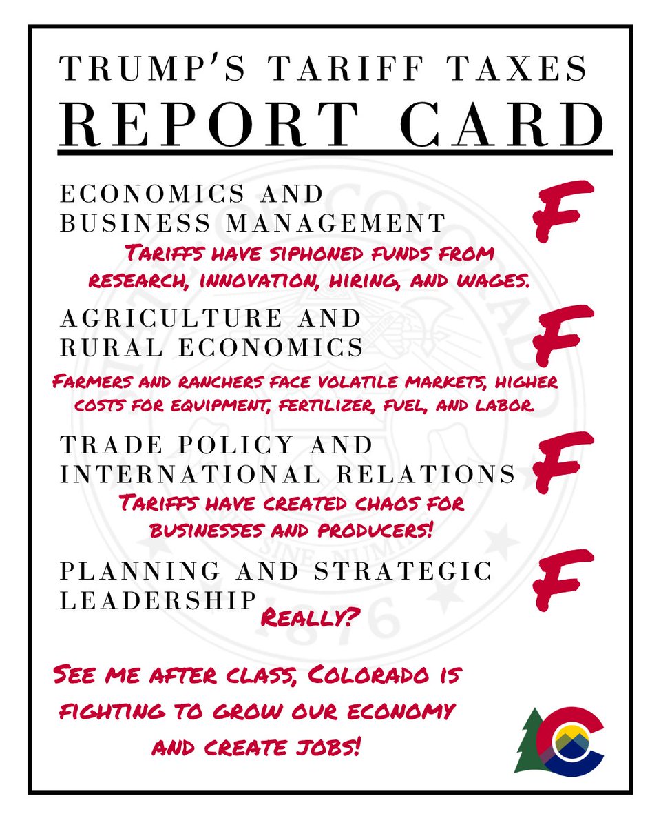 GovofCO's tweet image. This report confirms what businesses, ranchers, and families across Colorado have been experiencing for months: Trump’s tariffs are a costly tax. Businesses are being forced to absorb higher costs, farmers are facing unpredictable markets, and the very people building Colorado’s…