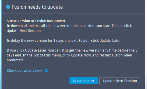 I mean, maybe <a href="/adskFusion/">Autodesk Fusion</a> could update NOW because I finished what I was doing. Why are my only options "Later" and "Much later" ?