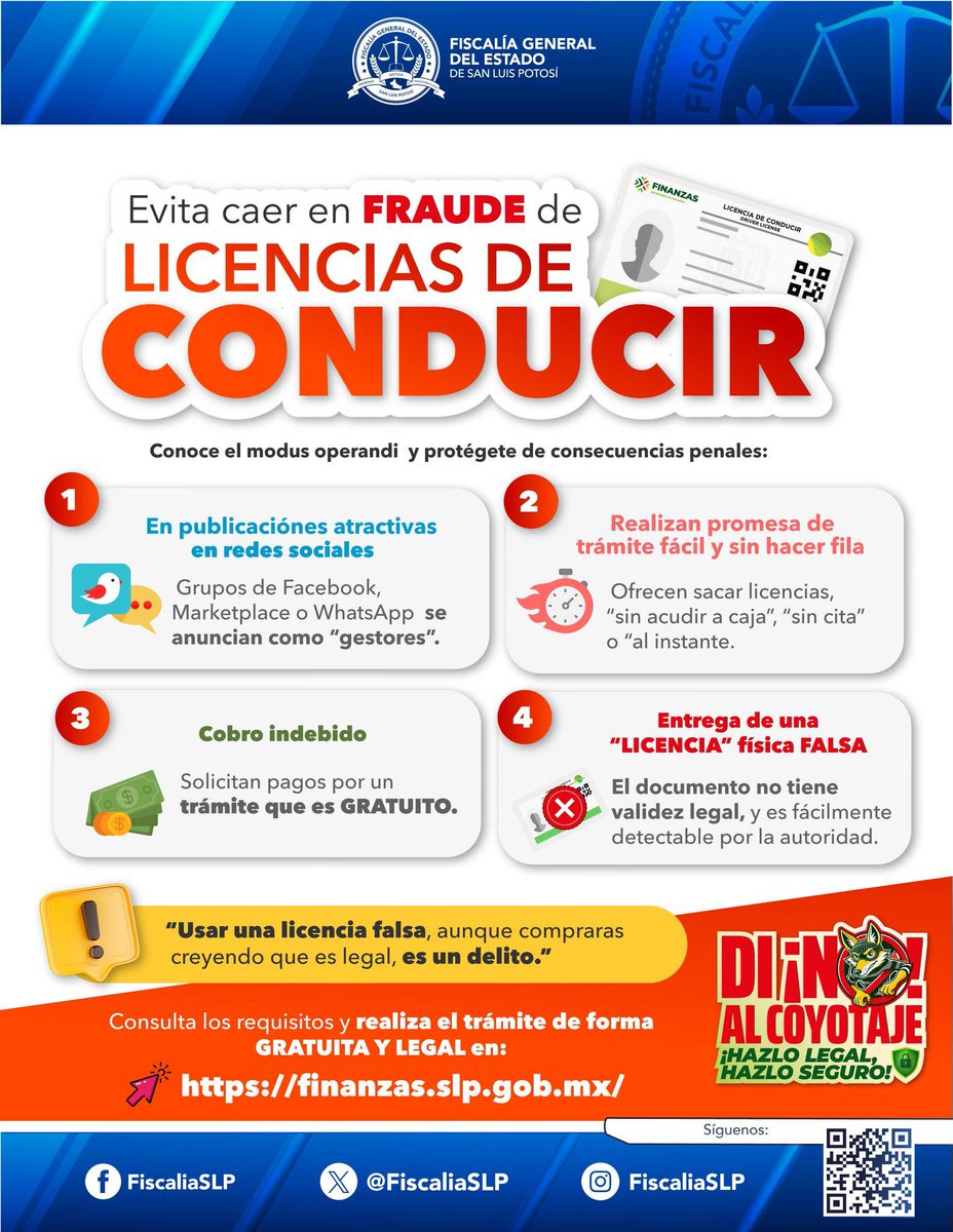 FiscaliaSLP's tweet image. Si planeas tramitar tu licencia de conducir, hazlo a través de los canales adecuados. Recuerda que la expedición de la licencia de conducir con &quot;gestores&quot; puede generarte un documento falso y su uso es un delito.