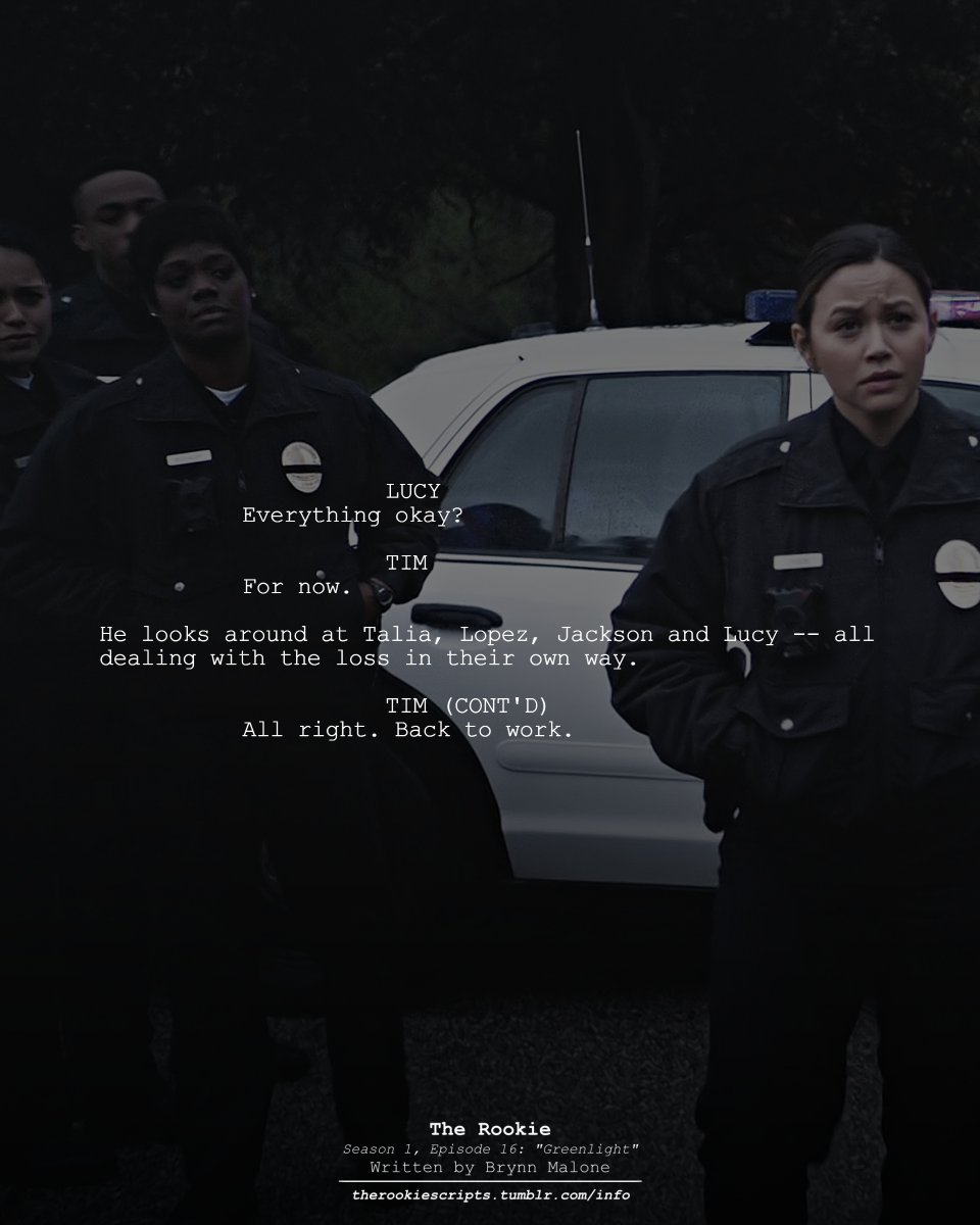 rookie_scripts's tweet image. Tim talks to Murphy. Everyone deals with the tragedy. (As Seen)

— THE ROOKIE
Season 1, Episode 16: “Greenlight”
Written by Brynn Malone

#TheRookie #TheRookieScripts