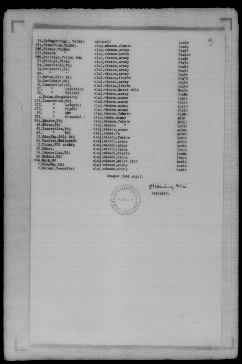 ArtRecoveryInit's tweet image. 📜🖼️Museum Ledger of Looted Jewish Art — Makó &amp;amp; Hódmezővásárhely, 1944 

In Aug 1944, Szeged’s Somogyi Library &amp;amp; City Museum sends Budapest a 9-page typed inventory (Reel 144, slides 387–395) of “the Jewish artworks of Makó and Hódmezővásárhely,” respectfully submitted to the…