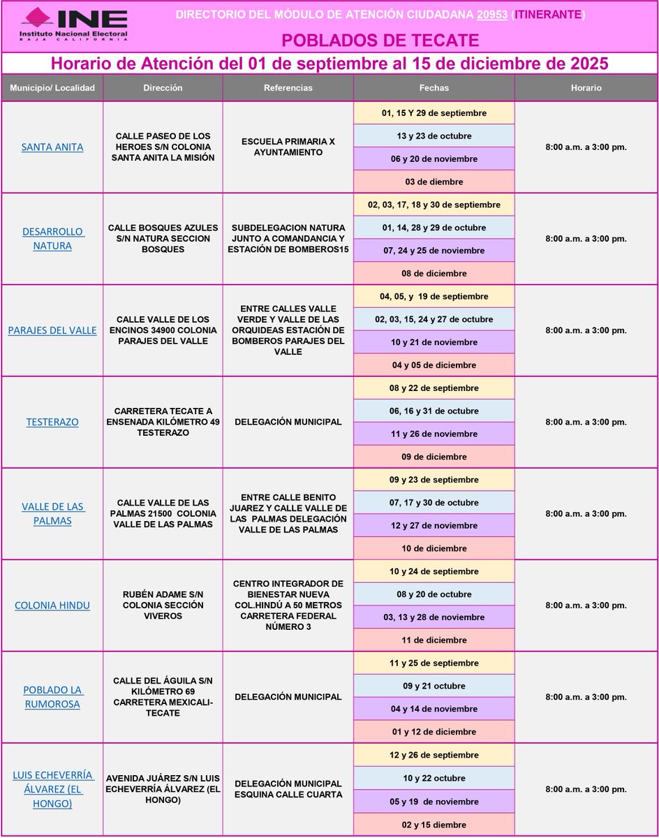 INE_BC's tweet image. ⚠️Atención Ciudadanía⚠️
Módulo Itinerante 🚛 para comunidades de #Tecate, del 24 al 28 de noviembre de 2025 🗓.
🔸Desarrollo Natura - 24 y 25 de nov.
🔸Testerazo - 26 de nov.
🔸Valle de las Palmas - 27 de nov.
🔸Colonia Hindu - 28 de nov.
⚠Estos Módulos no requieren cita⚠