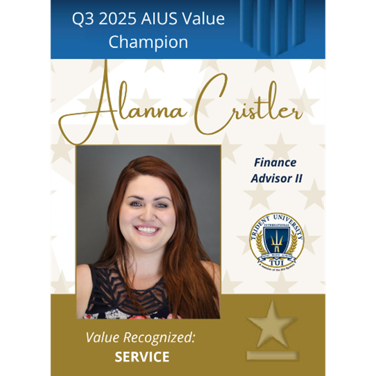 Congratulations to Alanna C., on being named our AIUS Value Champion! Your hard work and outstanding service are truly appreciated. 🎉 #AIUeverywhere #AIUProud #recognizingexcellence #service #onlinelearning #highered