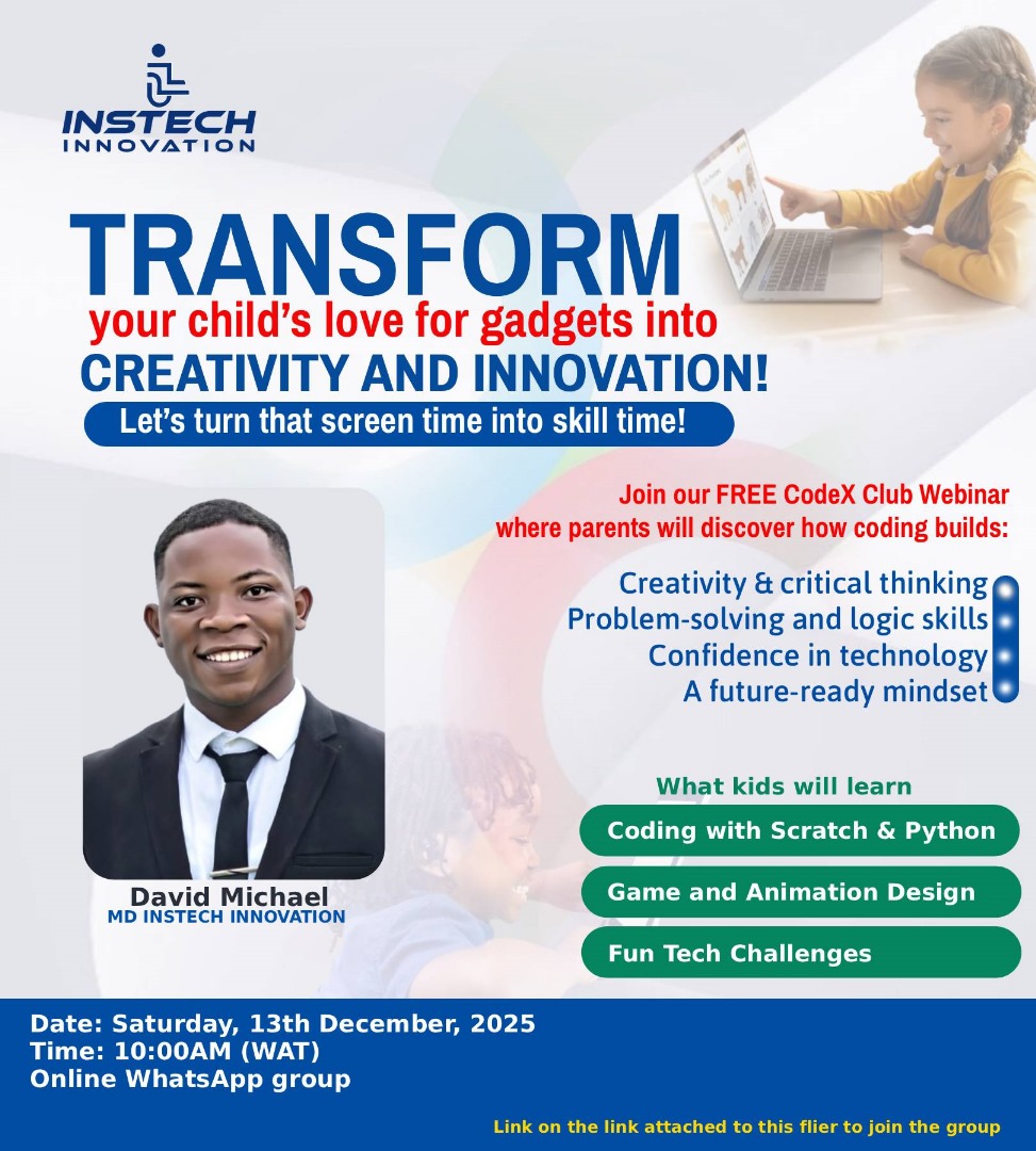 KellishM18257's tweet image. Turn your child’s screen time into skill time!
Join our FREE CodeX Club Webinar and discover how coding builds creativity, confidence, and a future-ready mindset.
📅 13th December, 2025
⏰ 10:00AM (WAT)
🔗chat.whatsapp.com/IPPk9pu9km64zL…

#Coding #kidscoding #KIDsFES44 #Edtech