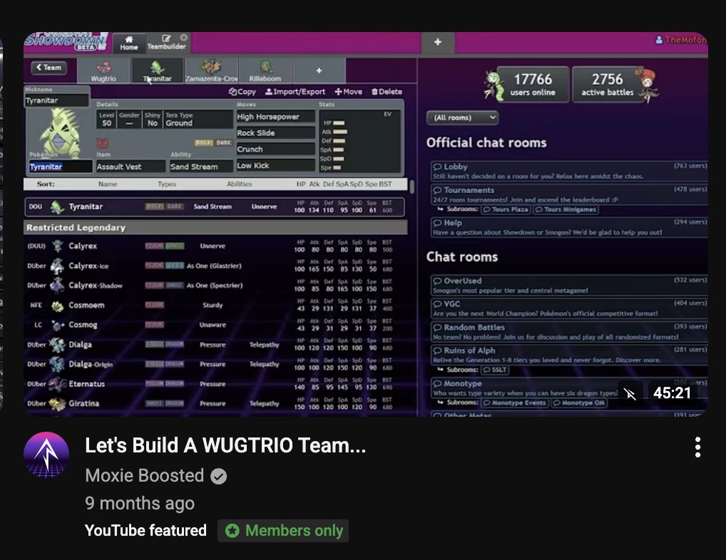 I love this video, if i didn't play pokemon i would've thought Wugtrio has such a sauce, it has to be top tier, and it is still good so youtube is recommending it to me everyday, even tho i don't have <a href="/MoxieBoosted/">The X-3 Grim Reaper</a>  membership.
