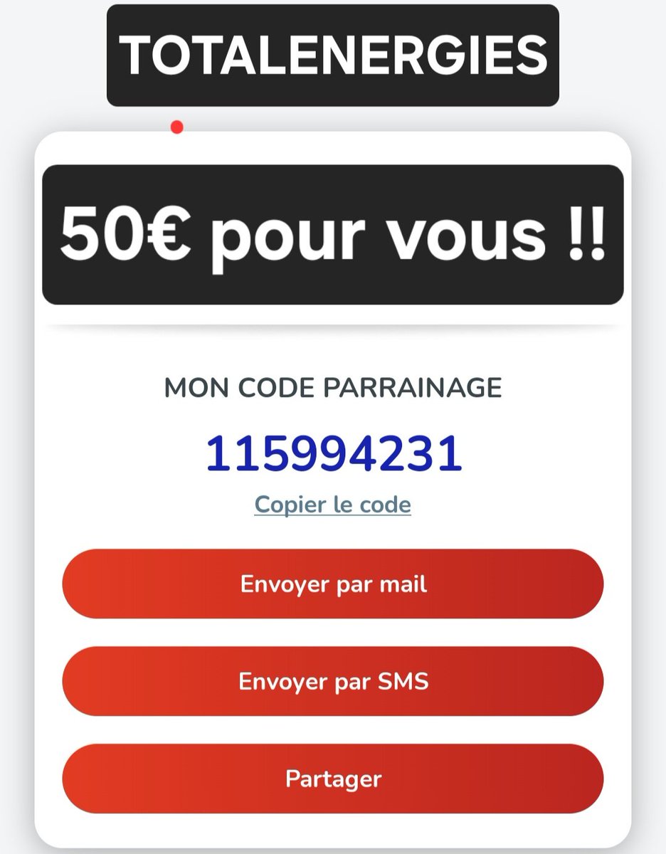 FajeIsabelle's tweet image. Code promo totalenergies : 115994231

50€ pour vous avec le code parrainage totalenergie : 115994231 

Satisfait du contrat électricité chez total énergies 🎁🤩
.
