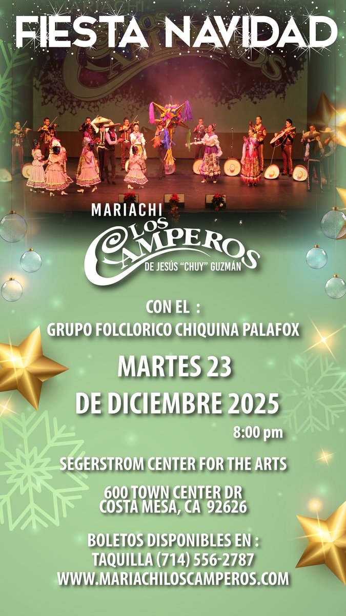 MLCamperos's tweet image. ¡No hay mejor manera de celebrar la Navidad que con nosotros!

Nos vemos de nuevo el día martes 23 de diciembre en el Segerstrom Center for the Arts de Costa Mesa,Ca.
Los boletos están disponibles en ⬇️⬇️⬇️

seatme.scfta.org/single/31216?_…

#fiestanavidad #mariachiloscamperos