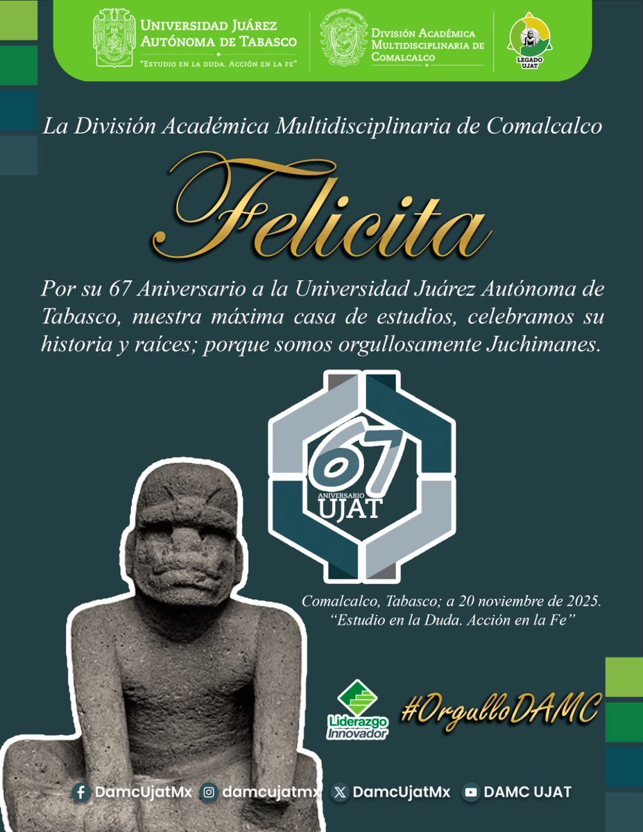 ❗️Felicidades a la Universidad Juárez Autónoma de Tabasco en su 67 Aniversario❗️ 🎉 Es un orgullo ser parte de esta gran institución que ha formado a generaciones de profesionales y líderes en el estado de Tabasco.

👏🥳Orgullosamente Juchimanes💚 

#UJAT67 
<a href="/narvaezosorio/">Guillermo  Narvaez Osorio</a> <a href="/UJAT/">UJAT</a>