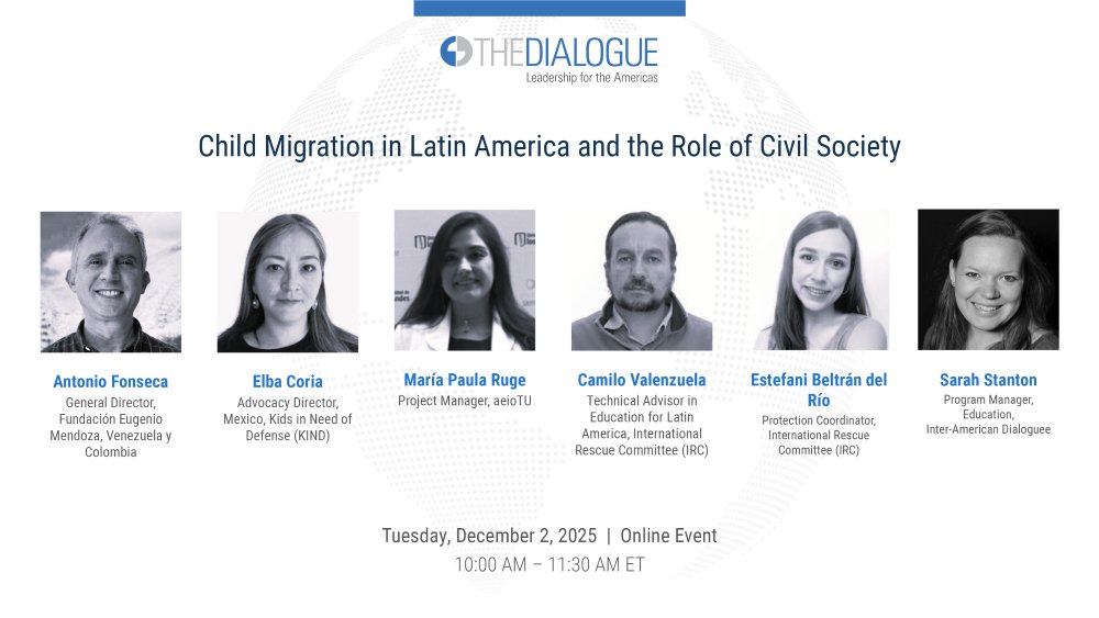 The_Dialogue's tweet image. How can #civilsociety networks be strengthened to protect migrant children in #LatinAmerica? Join @PrealEd for a webinar exploring challenges and solutions in partnership with @fundacioneugen2 and support from @FEMSA. 

🗓️Dec. 2, 2025
🕙10 AM ET

🔗RSVP: thedialogue.org/event/online-e…