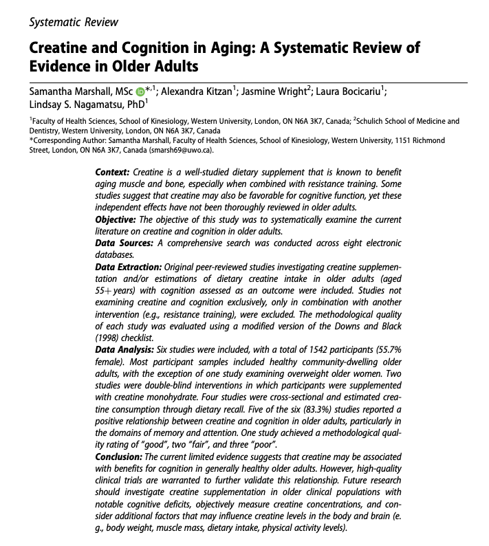 foundmyfitness's tweet photo. Creatine may support specific aspects of cognition in older adults.

Multiple studies indicate clear cognitive benefits from creatine supplementation or higher dietary intake (at least 1 gram/day). Specifically, improvements emerge in domains such as attention, inhibitory control, short-term memory, and visuospatial processing.

It didn't appear to help in global cognitive screens like the MMSE.

However, none of these studies measured brain creatine directly, and shifting brain stores likely requires higher and/or longer dosing to nudge levels ~3–10%.

Who might benefit most? Older adults, vegetarians/vegans, and those in "metabolically stressed" states like sleep deprivation, illness, or a high training load.

Creatine isn’t a typical nootropic. However, if your goal is long-term cognitive resilience or enhancing brain function during periods of high stress, strategically increasing your intake (around 5–10 grams daily, or short-term periods up to ~20 grams) could offer significant cognitive protection and performance benefits.