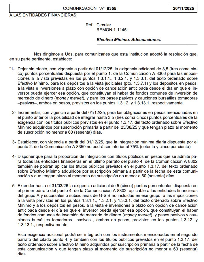 TargetDeMercado's tweet photo. Buenas noticias: BCRA comienza a acomodar encajes: Baja algo la exigencia subiendo lo que se puede integrar con títulos, y baja la mínima diaria al 75% (desde 95%). Fundamental último punto para bajar volatilidad intra mes de las tasas y para la gestión de las tesorerías de los bancos.