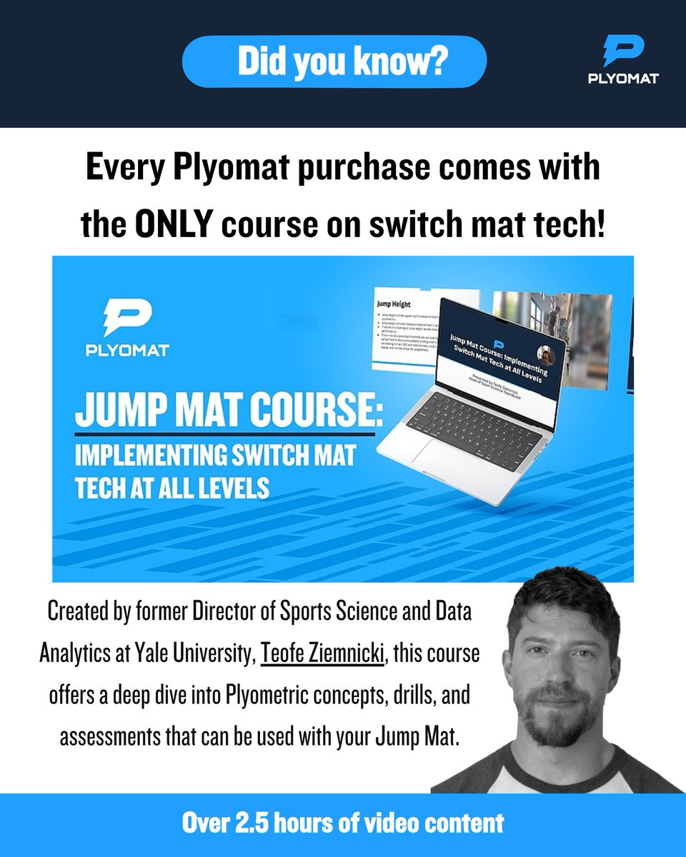 Did you know every Plyomat purchase comes with full access to the Jump Mat Course? It’s the only course ever built specifically for switch-mat tech, created by Teofe Ziemnicki (former Director of Sports Science &amp; Data Analytics at Yale) who is the current Head of Sport Science