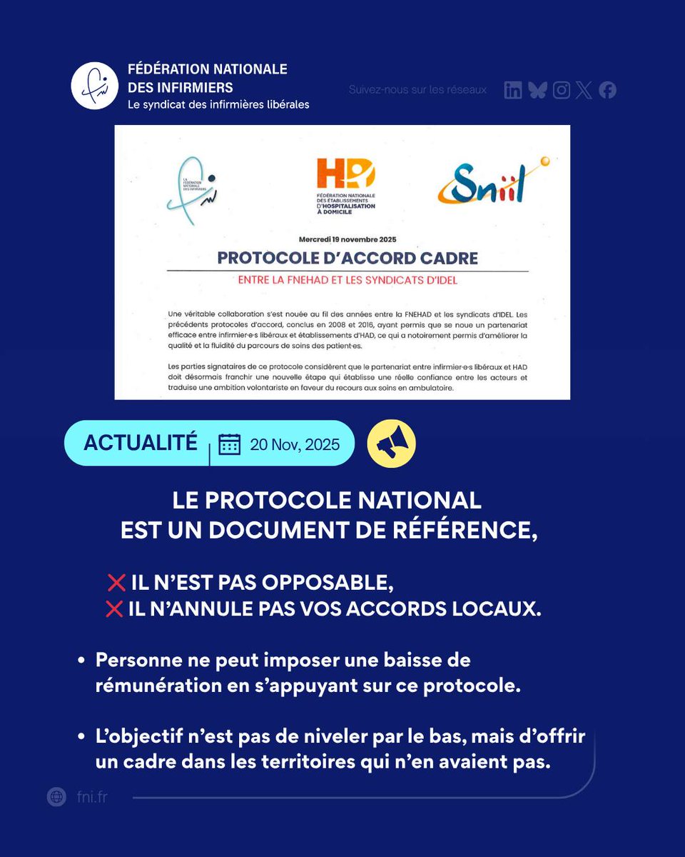 INFO IMPORTANTE POUR LES IDEL !
Beaucoup d’entre vous se posent des questions après la signature du nouveau protocole entre FNEHAD, FNI et Sniil.
On remet les choses au clair 👇
✔️ Le protocole national est un document de référence,
❌ Il n’est pas opposable,
❌ Il n’annule pas