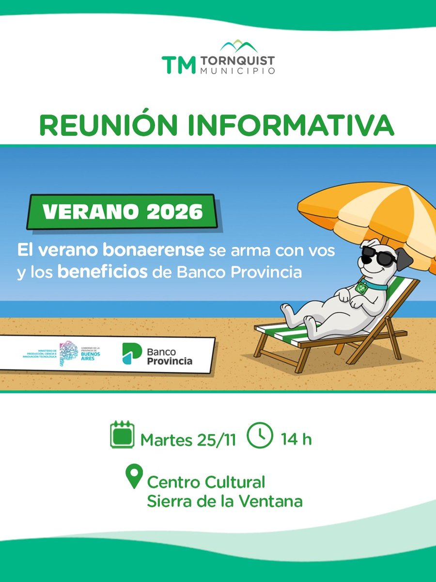 Tornquist: el Municipio y el BAPRO convocan a prestadores turísticos para presentar beneficios para la temporada. shre.ink/qOEt