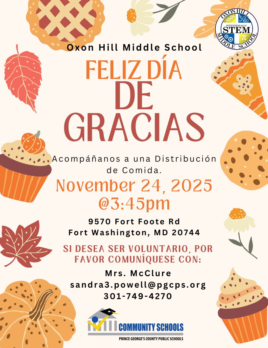 oxonhillmiddle's tweet image. Join us Mon, Nov 24 for a Holiday Food Distribution—until supplies last! Students needing SSL hours, check your school email.
¡Acompáñanos el 24 de nov. para una Distribución de Comida! Estudiantes: revisen su correo para info de SSL. 🦃🍂🍁🥧
#CommunitySchools #PGCPSProud