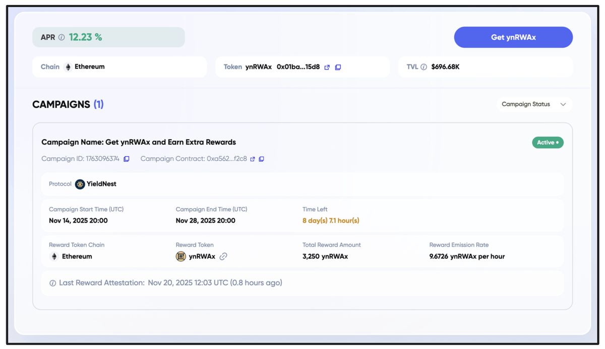 andrewmoh's tweet image. After getting familiar with Brevis&apos; architecture and vision on paper, now comes the time to see it live in action.

Take example: the @YieldNestFi × @brevis_zk Incentra campaign.

This campaign rewards ynRWAx holders on Ethereum L1 ➜ using ZK proofs to verify every step:

 +…