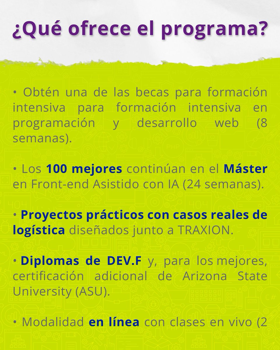 FTraxion's tweet image. 🚀 ¡Aprovecha la oportunidad! Abrimos una segunda fecha de inscripción para Bécalos – Fundación TRAXION #TechChallenge, un programa que te prepara en programación, desarrollo web e inteligencia artificial, con actividades prácticas e incluso hackatones con retos reales de la…