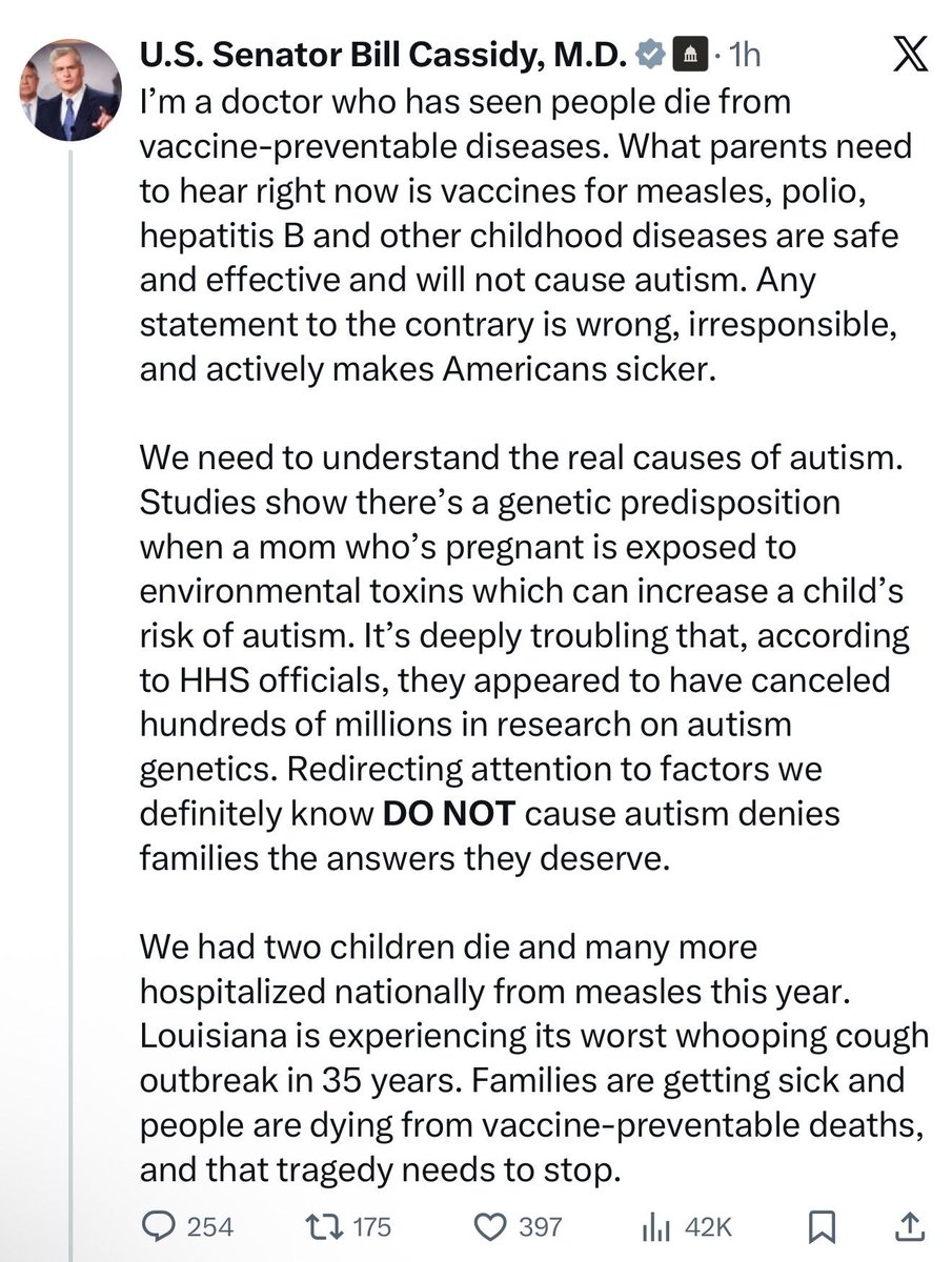 Senator Bill Cassidy, who voted to confirm RFK JR, just posted this