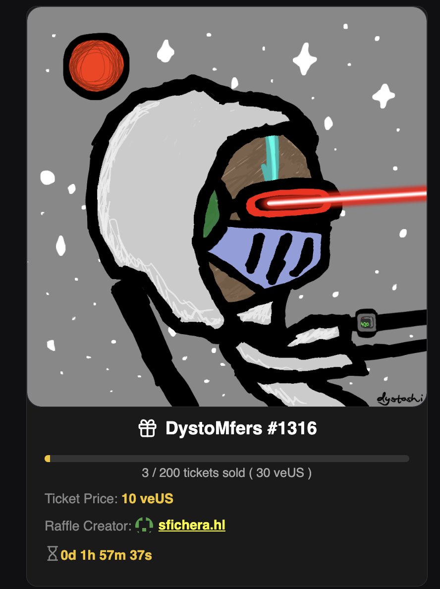 Final hours of use some dust of your $veUS and get this crazy Hoodie...

C'mon $veUS cant go lower than it is now... or yes? <a href="/Mojojojoppg/">mojojojoppg</a> any insider news? (JK lol, trying to get u involved into the raffle hahahaha 😅😇)

  🏆 Prize: DystoMfers #1316
  🎟️ 200 tickets available -