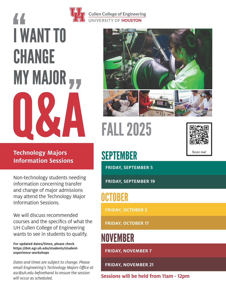 UHEngineeringSL's tweet image. Coogs, join us for this semester&apos;s Final Technology Major Info Session on Fri, Nov. 21st, 11 a.m.–12 p.m. on Teams!  

✅ Learn about Technology majors  
✅ Get major change info  

egr.uh.edu/sugarland/stud…
 
Questions: asc@uh.edu