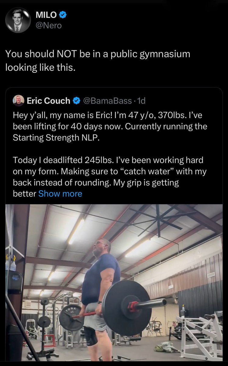 TheJoeySwoll's tweet image. Excuse my language but where the FUCK should he be? He’s LITERALLY in the one place that will help him lose the weight and better himself! It’s because of assholes like you that overweight people are afraid to even step foot in a gym. Great job @bamabass don’t listen to him!