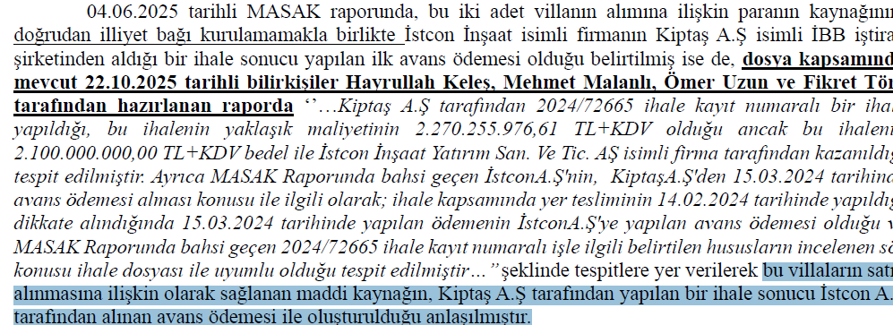 AKP'lilerin üzerinde en çok tepindikleri yalan da bu.

Burada savcılığın senaryosu 2 defa değişti. Önce dediler ki, Nuhoğlu İnşaat İSKİ'den aldığı hak edişle bu villaları alıp İmamoğlu'na verdi. Ancak sonra çıktı ki Ali Nuhoğlu, Nuhoğlu İnşaat'ın sahibi değil. O zaman iftirayı