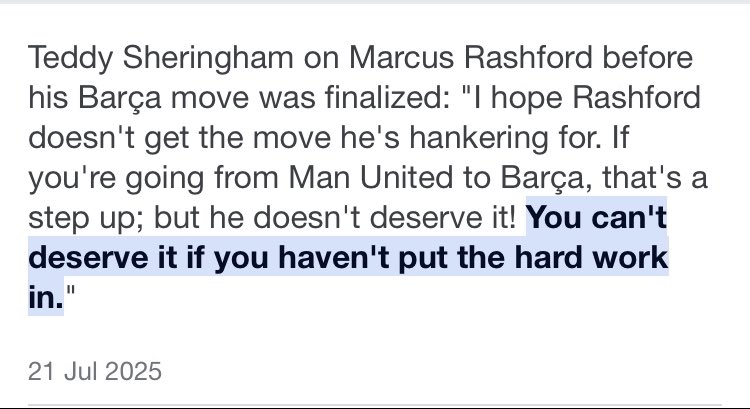 Remember when Sheringham popped his head out of whatever hole he was buried in to tell the nation that he hoped Rashford did not get his move to Barcelona because he did not deserve it?

Yea, totally normal behaviour.
