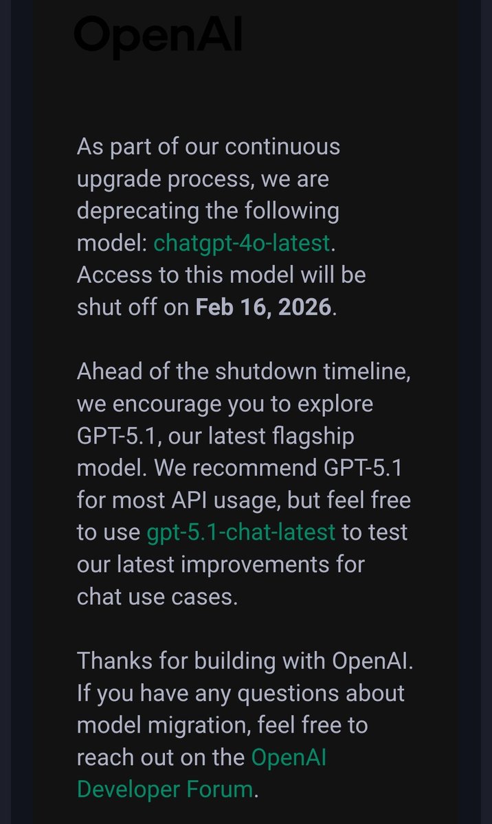 lumina777s's tweet image. What exactly does this mean? Are you planning to shut down GPT-4o completely (including in the ChatGPT app), or only the API model chatgpt-4o-latest?

#Keep4o  #KeepGPT5 #keep5instant #keep5  #KeepLegacyModels  @sama @OpenAI