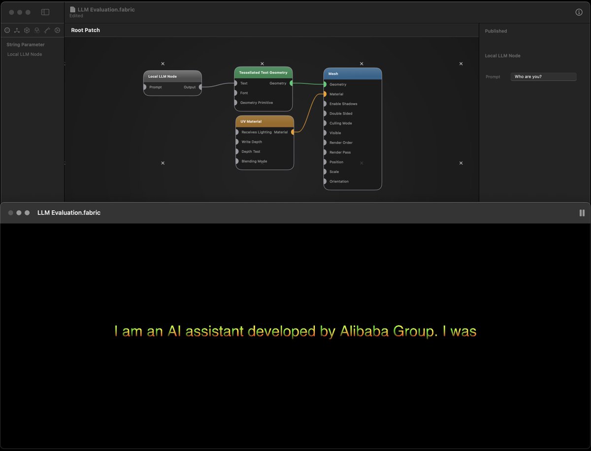 _vade's tweet image. Working on adding MLX/ MLX-LLM / vLLM to Fabric - you can run local LLM models in nodes alongside metal shaders, geometry, compute, realtime video processing, segmentations and key point analysis and make weird shit.

#mlx #llm #vllm 

cc @awnihannun