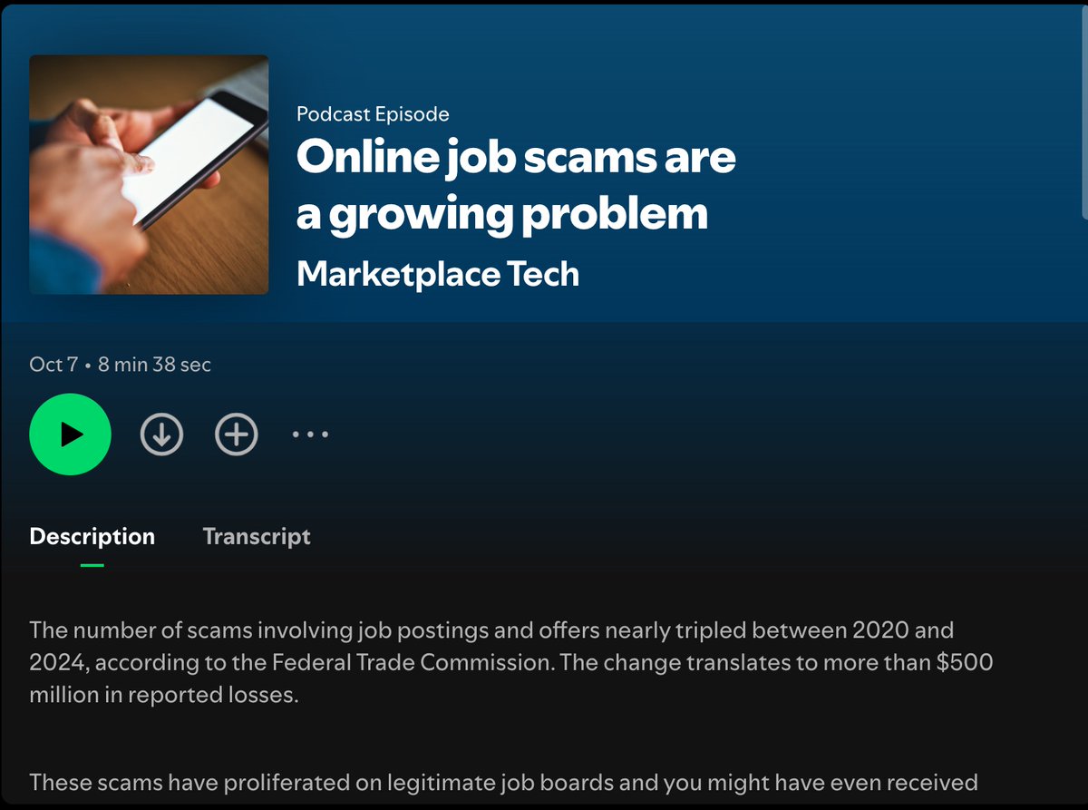 Last month, I appeared on <a href="/Marketplace/">Marketplace</a>'s national radio show to discuss how to spot and avoid job scams. 

You can listen to the podcast version here:
open.spotify.com/episode/7Kz0mx…