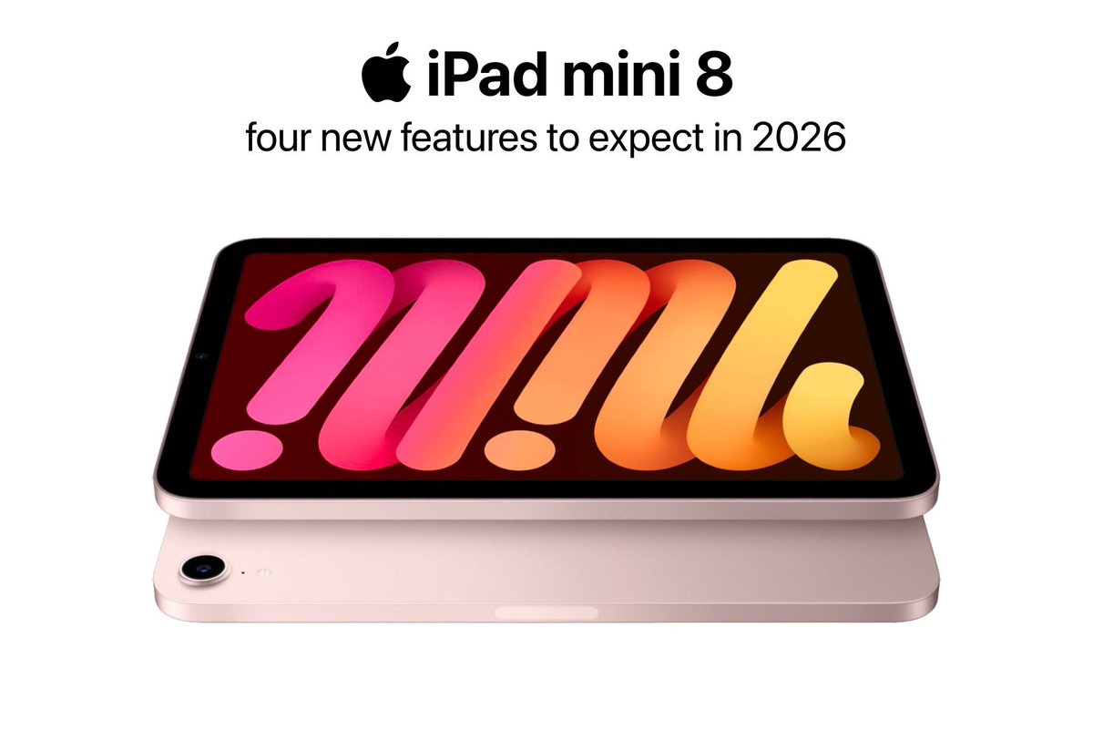 Se espera que el iPad mini 8 se lance en 2026 con cuatro novedades:

• Pantalla OLED
• Chip A19 Pro
• Diseño resistente al agua
• Sistema de altavoces rediseñado 

#ipadmini