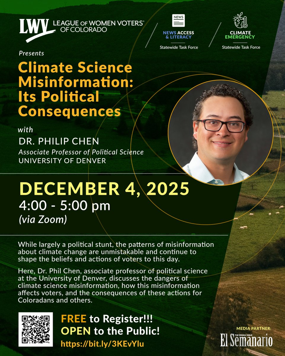 Climate misinformation is shaping policy &amp; public opinion, &amp; not for the better.

Join us Dec 4, 4–5 PM (virtual) for a conversation w/ Dr. Philip Chen on how false narratives influence our politics &amp; what we can do to push back.

Register for FREE today: bit.ly/3KEvYlu