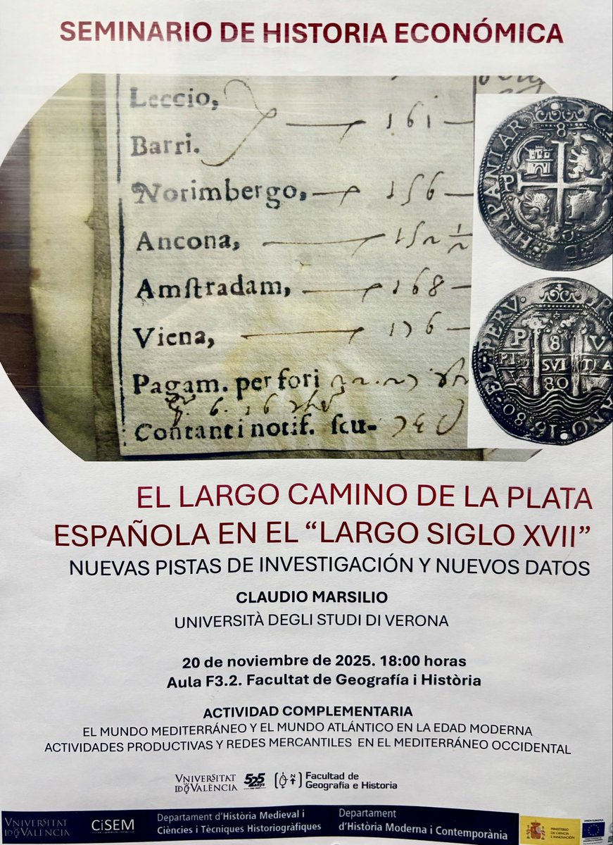 WinLose_UV's tweet image. Hoy hemos invitado, junto a nuestros amigos de CiSEM, a Claudio Marsilio para que nos hablara de “El largo camino de la plata española en el largo siglo XVII” 🪙💰💸👀