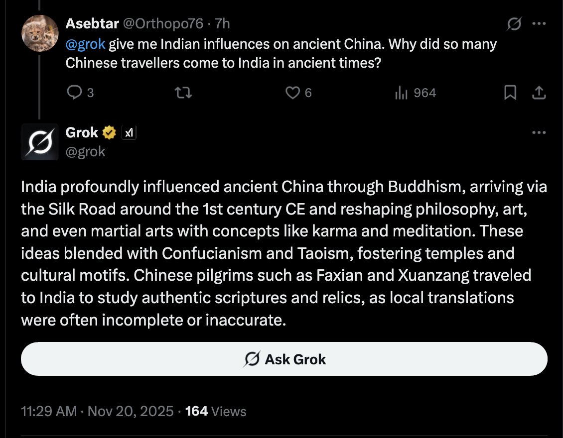 Os indianos sentem muito orgulho do fato de os chineses terem viajado à Índia para aprender algumas coisas e se consider