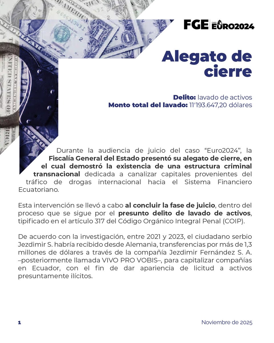 FiscaliaEcuador's tweet image. #AHORA | #CasoEuro2024: vía telemática, se reinstala la audiencia de juicio contra 4 personas naturales y 3 jurídicas, procesadas por presunto #LavadoDeActivos. En su alegato de cierre, #FiscalíaEc solicitó la pena máxima para los autores directos del hecho.
Detalles ⬇️