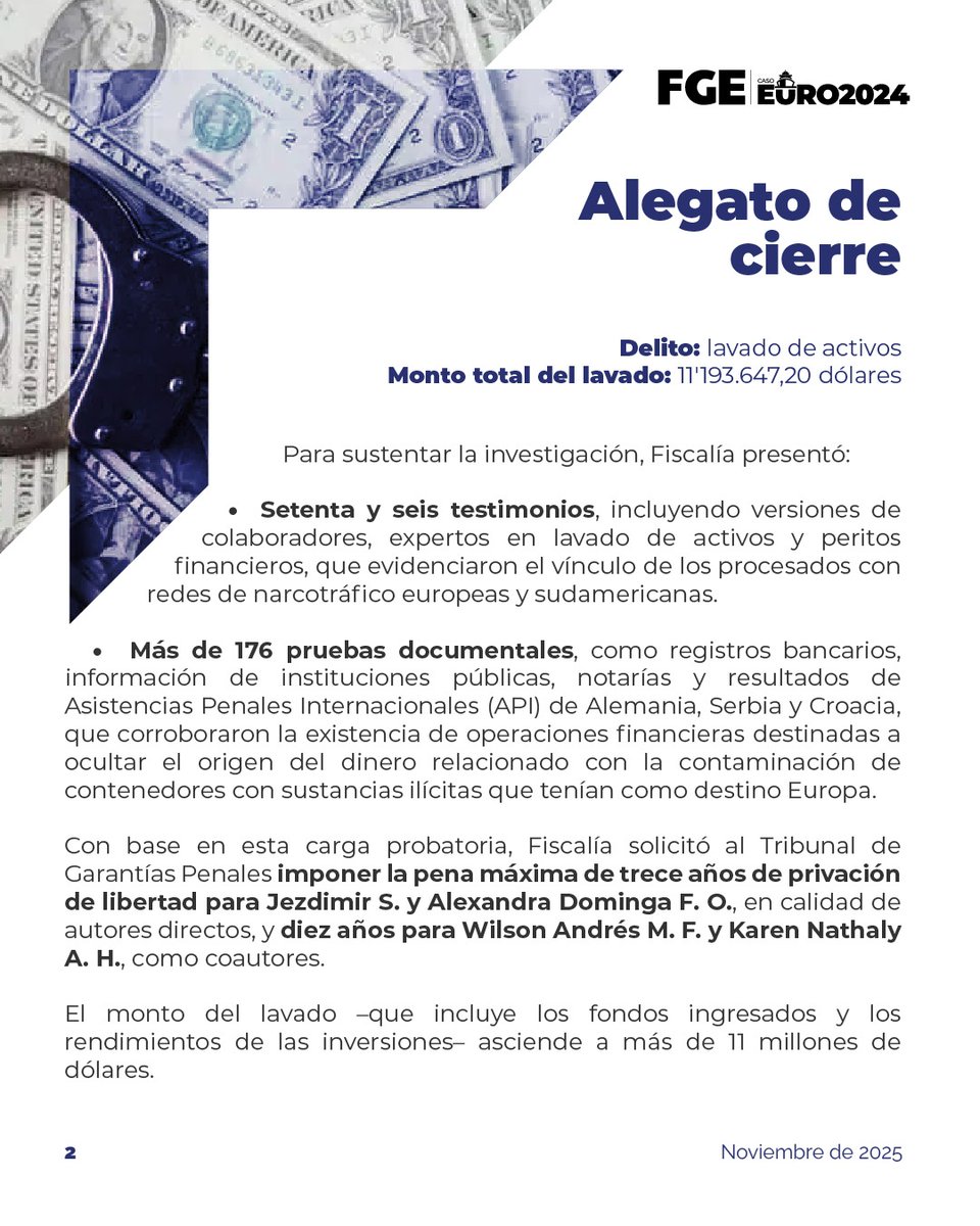 FiscaliaEcuador's tweet image. #AHORA | #CasoEuro2024: vía telemática, se reinstala la audiencia de juicio contra 4 personas naturales y 3 jurídicas, procesadas por presunto #LavadoDeActivos. En su alegato de cierre, #FiscalíaEc solicitó la pena máxima para los autores directos del hecho.
Detalles ⬇️